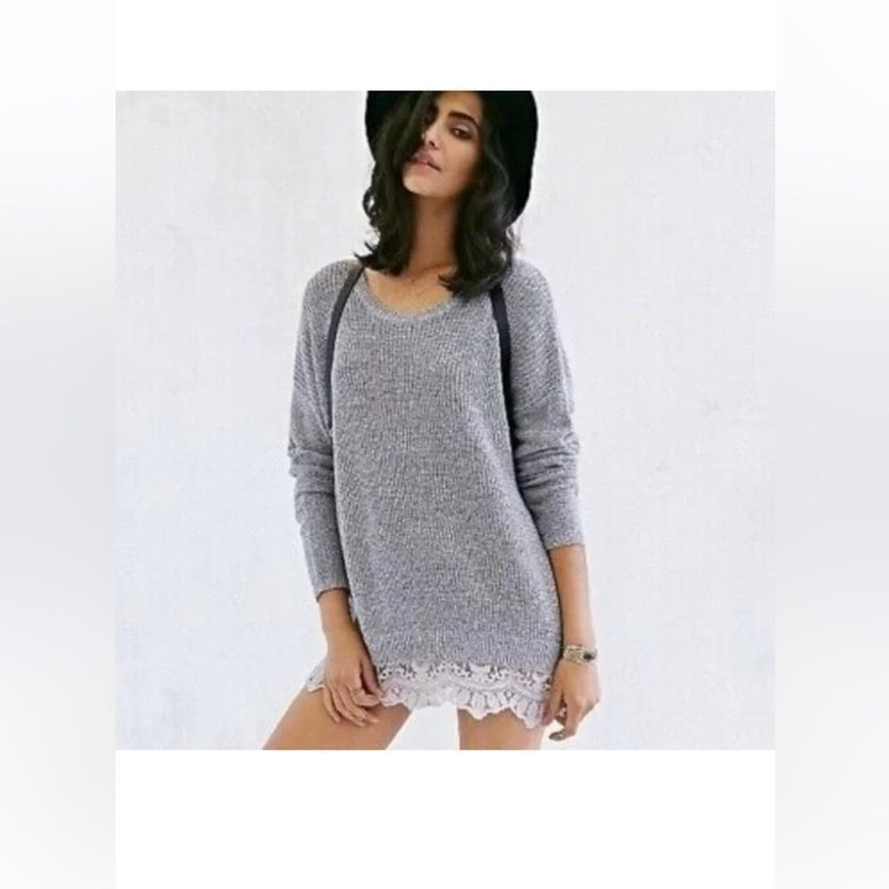 Urban Outfitters Pins & Needles Gray V-Neck Sweater with Lace Trim